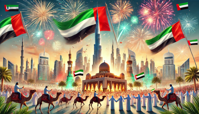 A celebratory scene for UAE National Day with iconic landmarks like Burj Khalifa and Sheikh Zayed Grand Mosque illuminated in the colors of the UAE